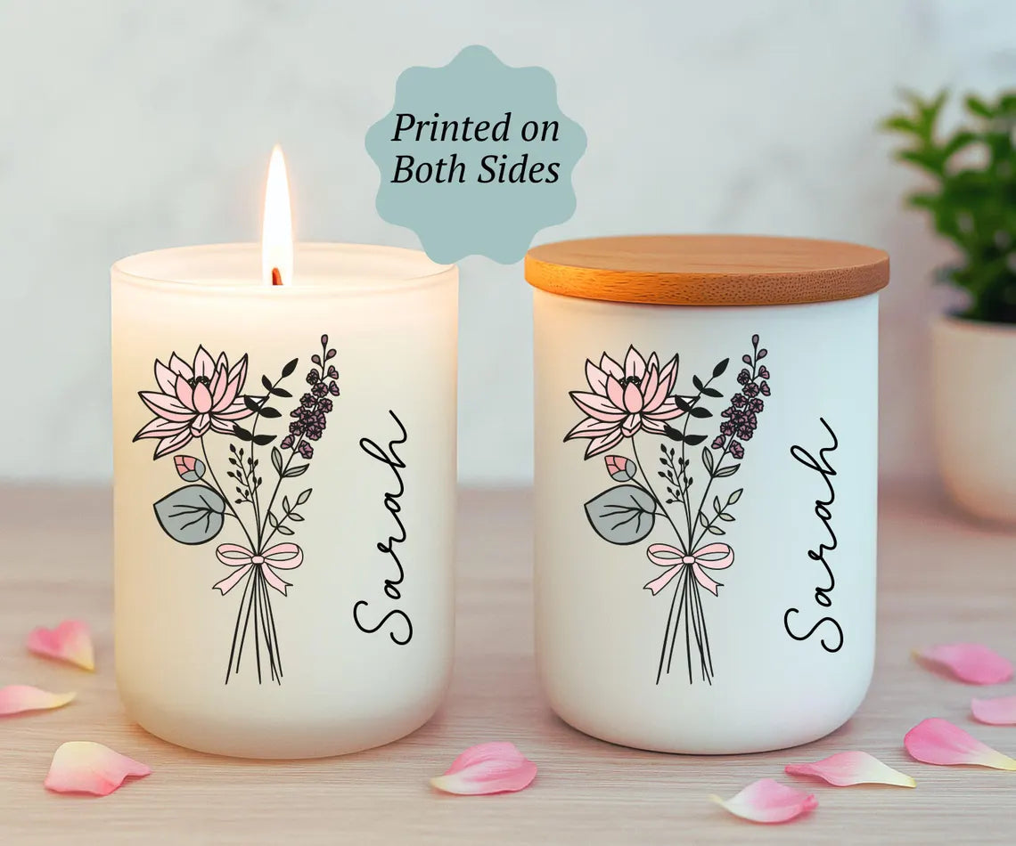 Personalized Birth Flower Candle, Birthday Gift, Coquette Birth Flower, Custom Fragrant Jar Candle Gift, Gift For Mom, Gift For Daughter