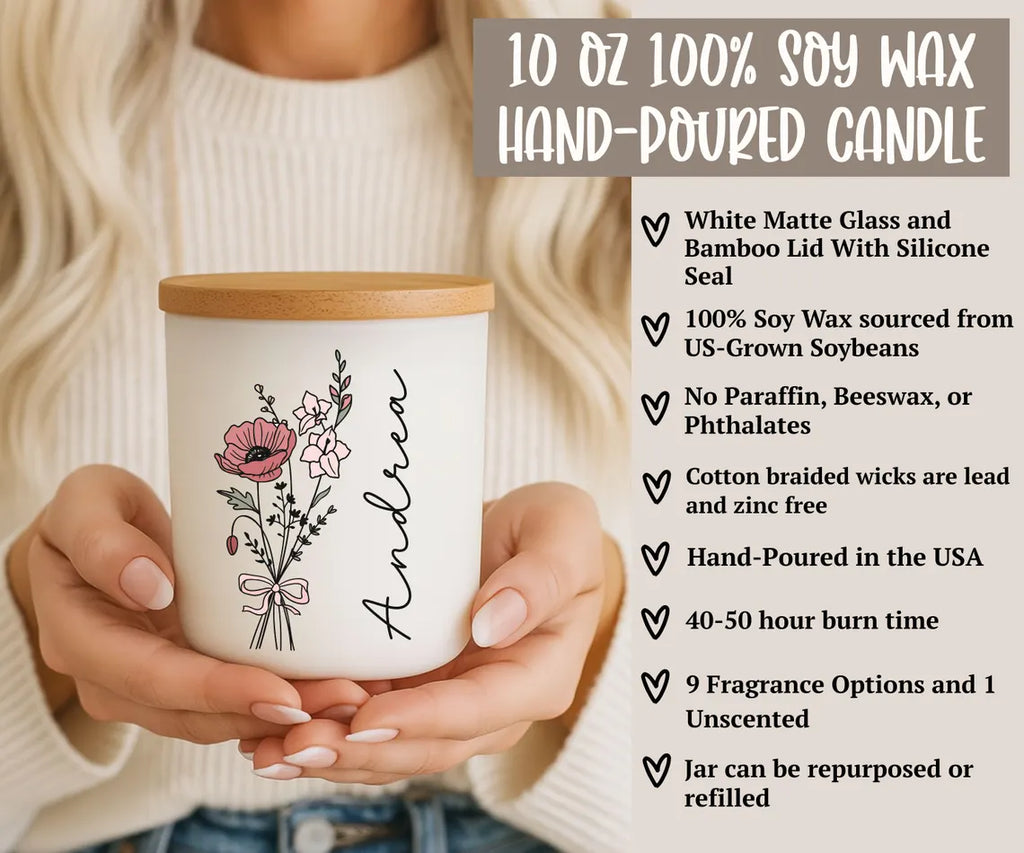 Personalized Birth Flower Candle, Birthday Gift, Coquette Birth Flower, Custom Fragrant Jar Candle Gift, Gift For Mom, Gift For Daughter