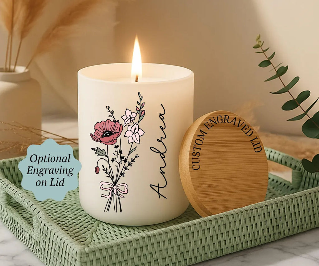 Personalized Birth Flower Candle, Birthday Gift, Coquette Birth Flower, Custom Fragrant Jar Candle Gift, Gift For Mom, Gift For Daughter