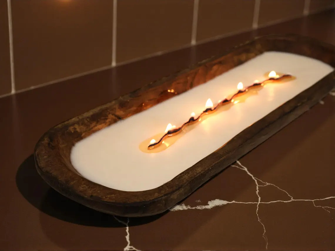 Wooden Dough Bowl Candle with Wavy Wooden Wick – Hand Poured Soy Candle, Rustic Farmhouse Home Decor, Long Burning Cozy Gift